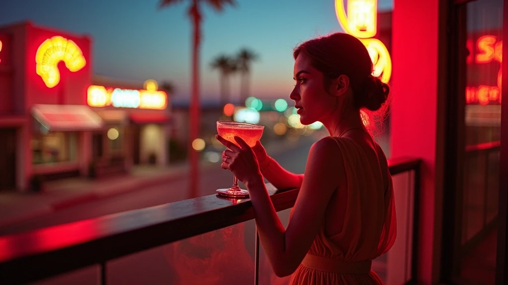 Elegante Frau auf Hotelbalkon in Downtown Las Vegas bei Daemmerung, USA