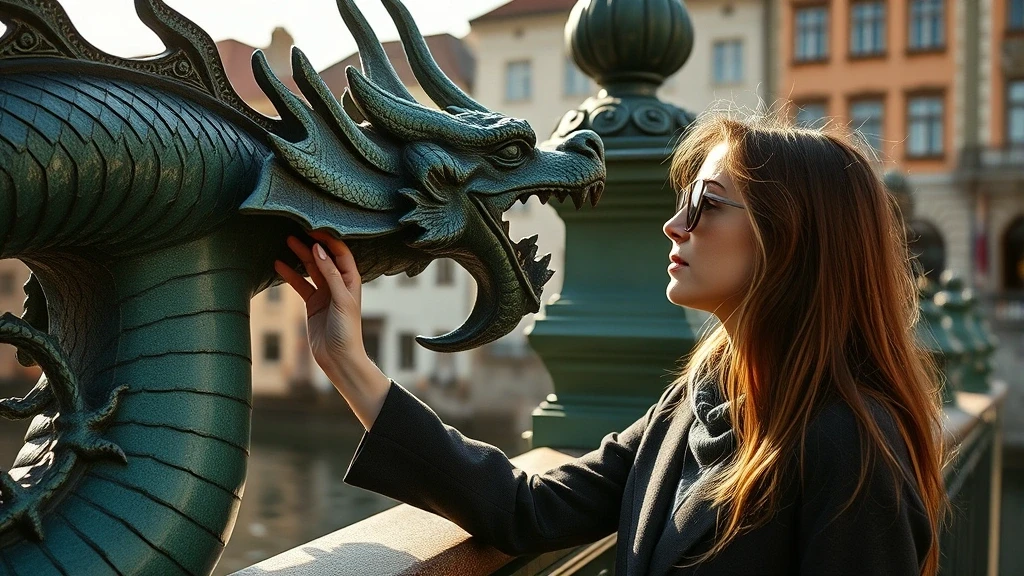 Stylische Reisende am Drachenbruecke-Denkmal in Ljubljana, Slowenien