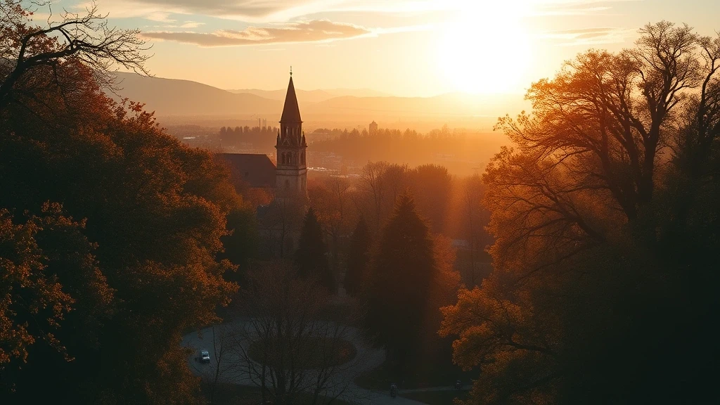 Sonnenuntergang im Tivoli Park von Ljubljana mit Herbstlaub in Slowenien