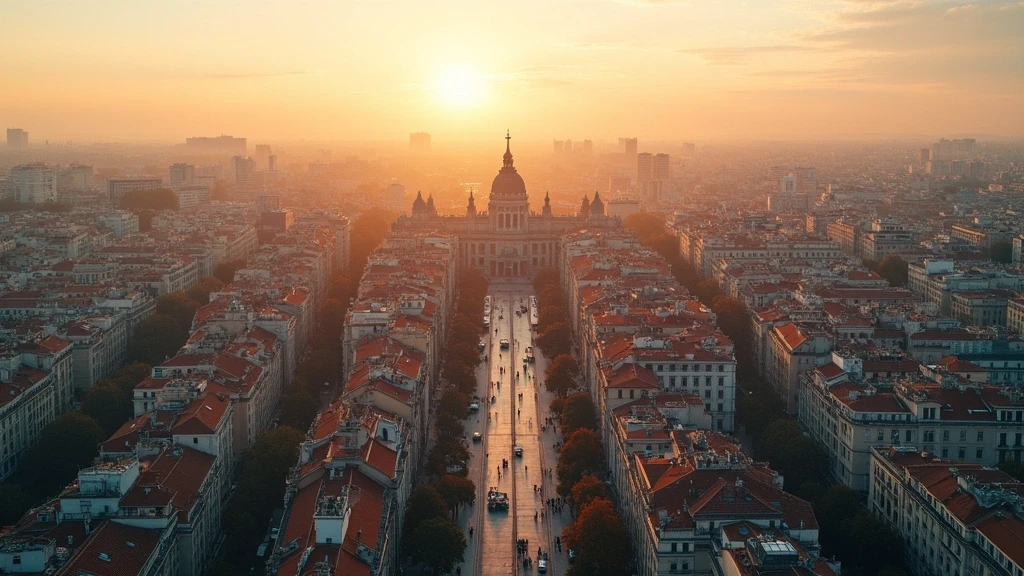 Luftaufnahme von Madrid zur goldenen Stunde mit historischen Gebaeuden und moderner Architektur