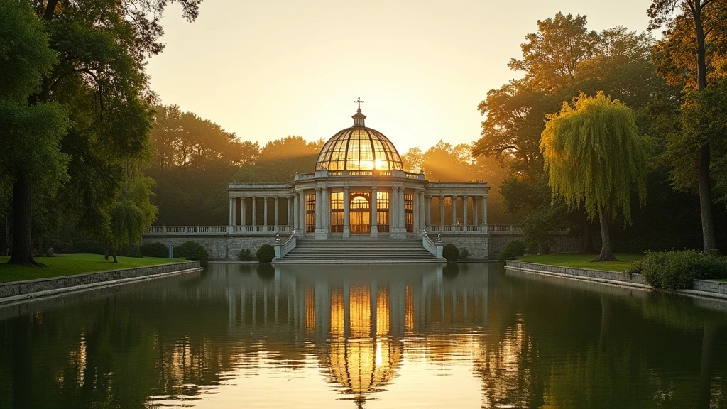 Panoramablick auf den Retiro-Park in Madrid zur goldenen Stunde mit Glaspalast