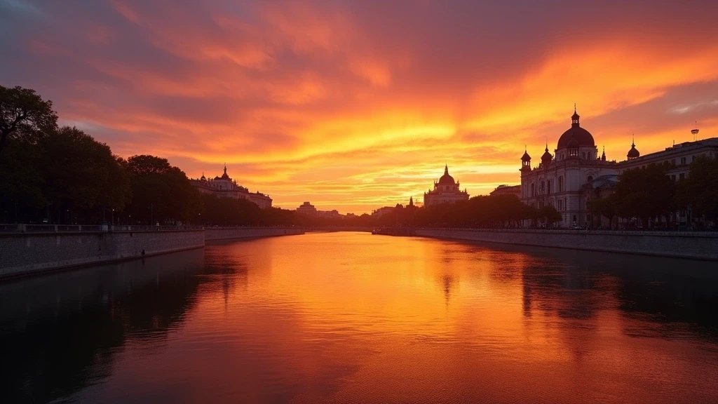 Sonnenuntergang ueber dem Manzanares-Fluss in Madrid mit historischen Gebaeuden