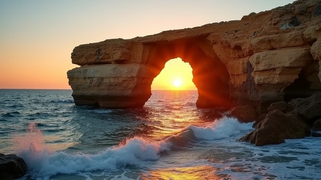 Sonnenuntergang am Azure Window Felsbogen in Gozo, Malta mit goldenem Licht auf dem Meer