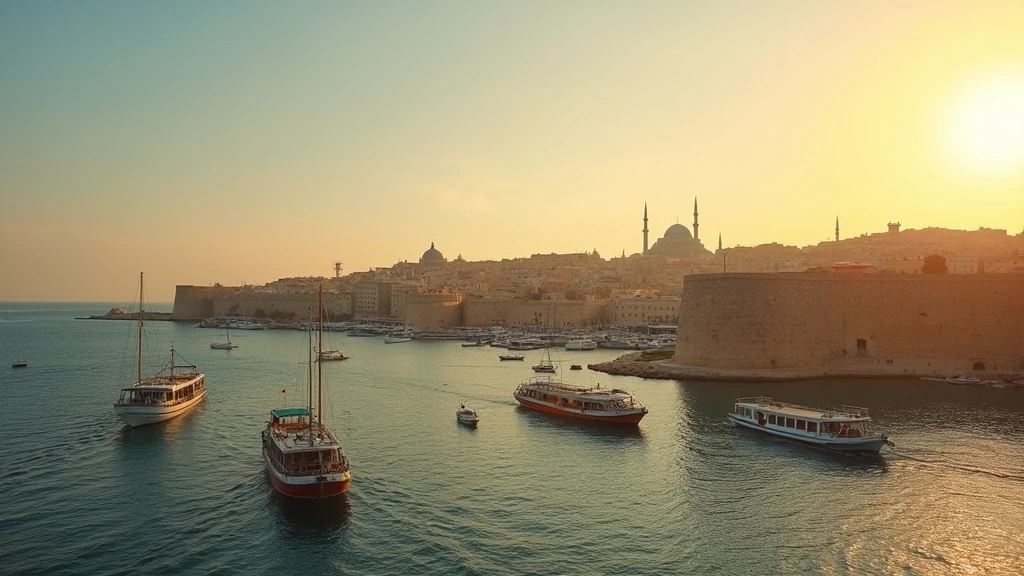 Panoramablick auf die Drei Staedte von Malta vom Upper Barrakka Garten zur goldenen Stunde