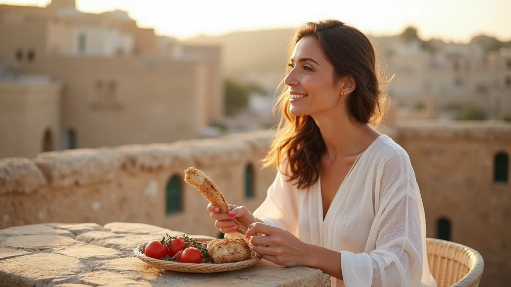 Elegante Frau geniesst traditionelle maltesische Ftira mit Blick auf die alten Mauern von Mdina