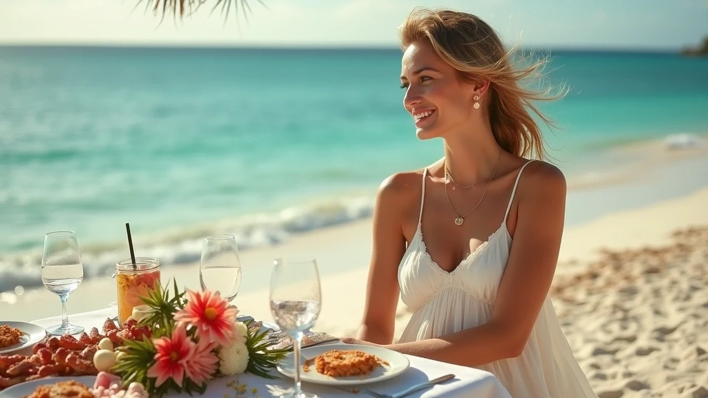 Elegante Frau beim Stranddinner zur goldenen Stunde auf Mauritius
