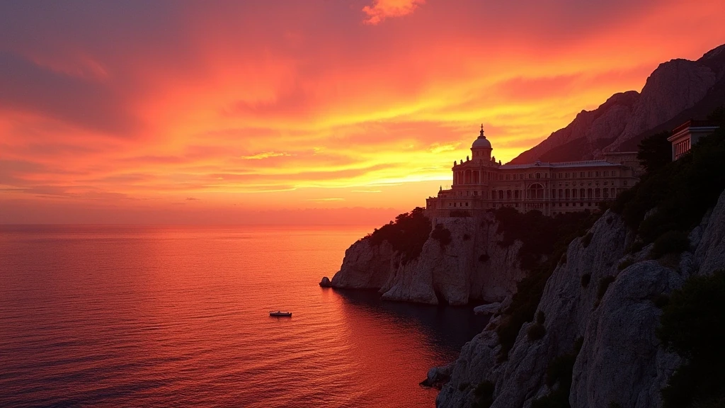 Sonnenuntergang ueber dem Mittelmeer mit Fuerstenpalast-Silhouette in Monaco