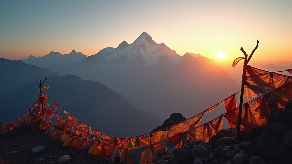 Panorama-Blick auf Mount Everest von Kala Patthar bei Sonnenaufgang mit Gebetsfahnen