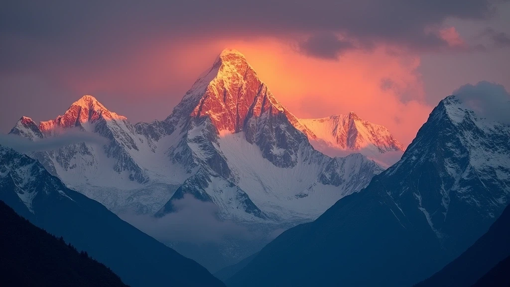 Sonnenuntergang am Mount Everest mit alpengluehen ueber dem Western Cwm im Himalaya