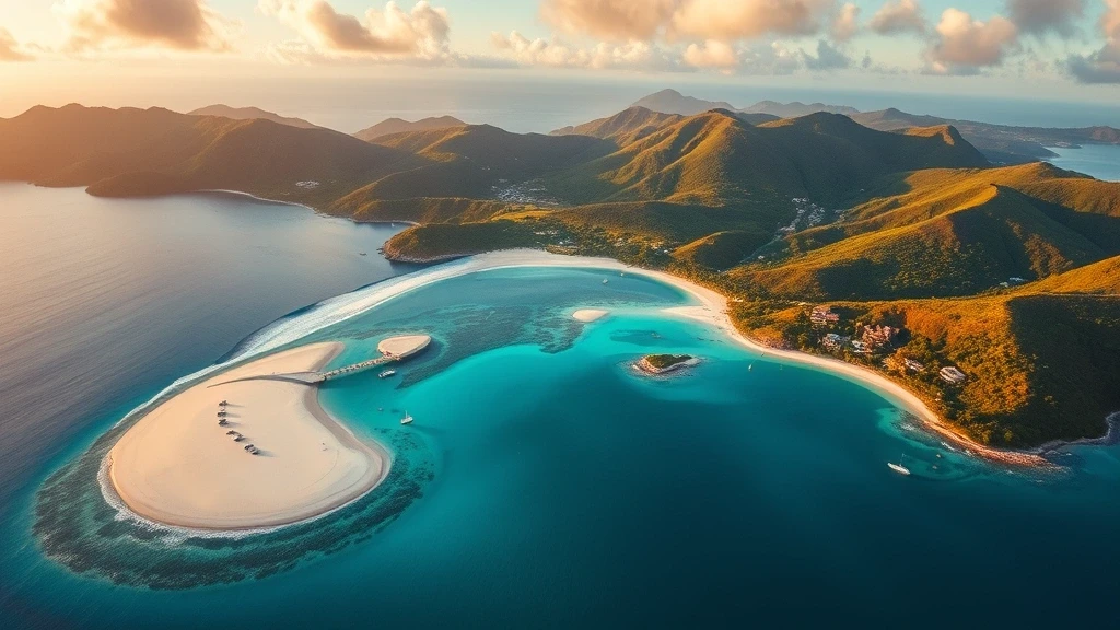Luftaufnahme von Mustique, St. Vincent und die Grenadinen, mit exklusiven Buchten und Luxusvillen zur goldenen Stunde