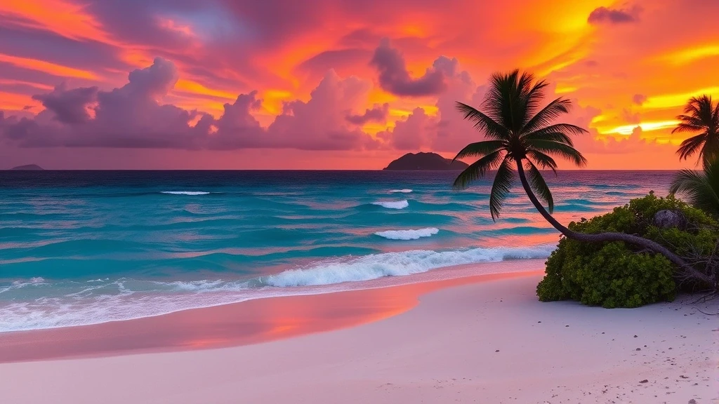 Sonnenuntergang am Macaroni Beach auf Mustique mit dramatischem Himmel und Palmen-Silhouetten
