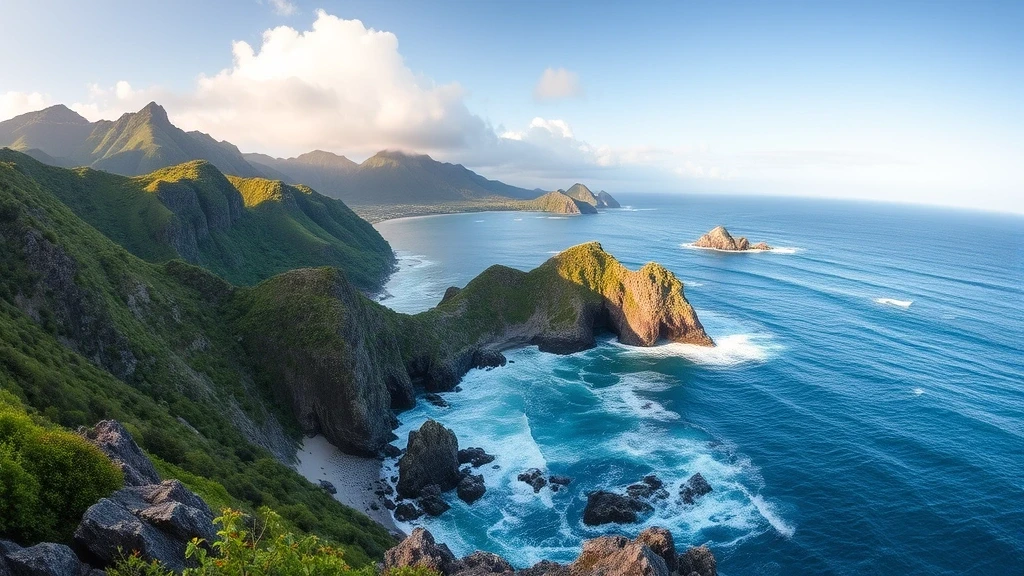 Panoramablick auf die felsige Kueste von Pasture Bay auf Mustique mit gruenen Klippen