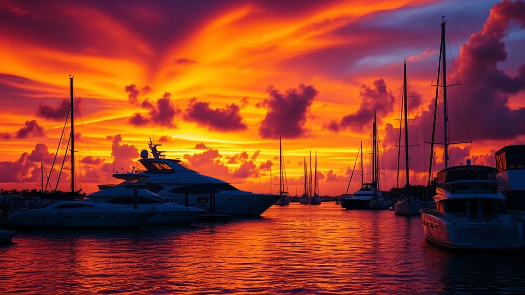 Sonnenuntergang ueber dem historischen Hafen von Nassau mit Yachten im Silhouette