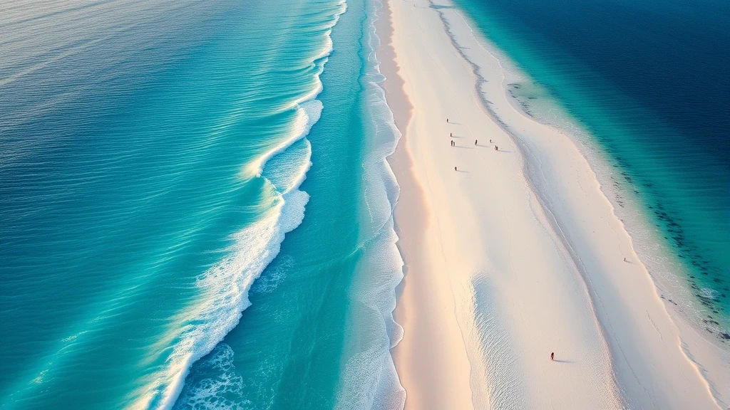 Luftaufnahme von Love Beach in Nassau bei Sonnenaufgang mit weissem Sand und tiefblauem Ozean