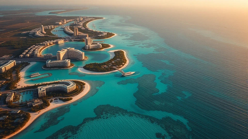 Luftaufnahme der tuerkisfarbenen Kanaele und Cays zwischen Paradise Island und Nassau zur goldenen Stunde