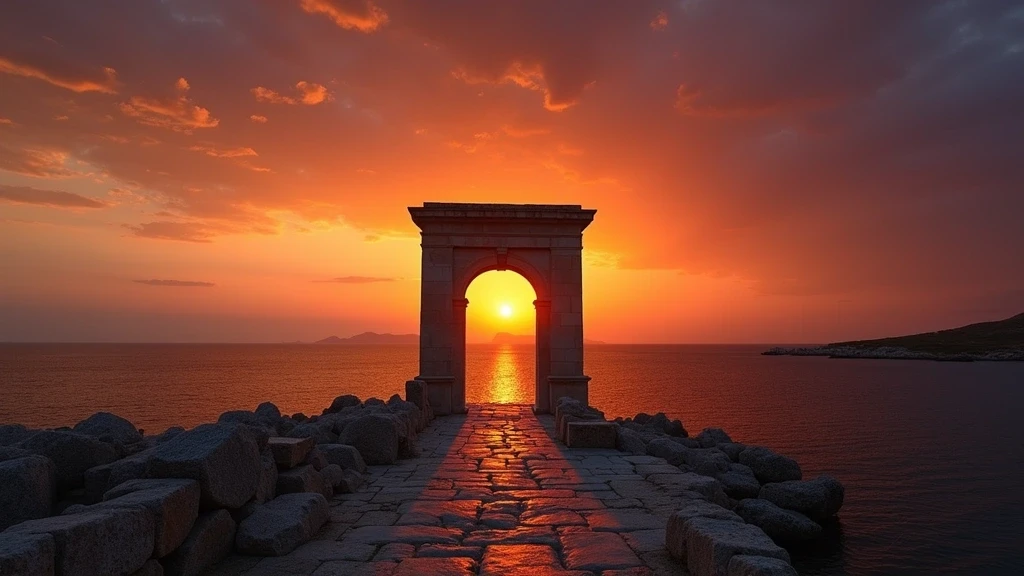 Sonnenuntergang hinter der antiken Portara auf Naxos in Griechenland