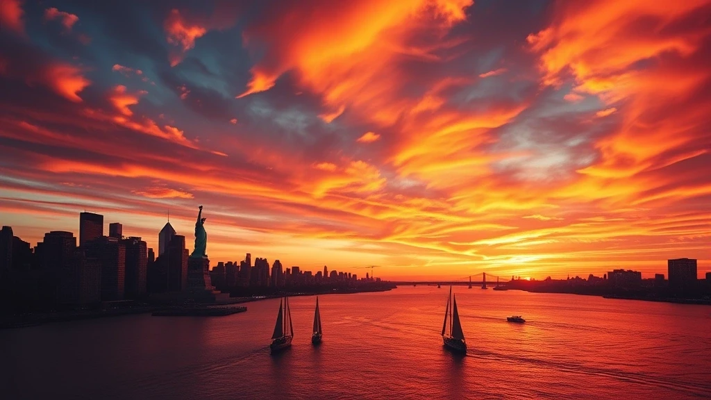 Sonnenuntergang ueber dem Hudson River mit Freiheitsstatue in New York City