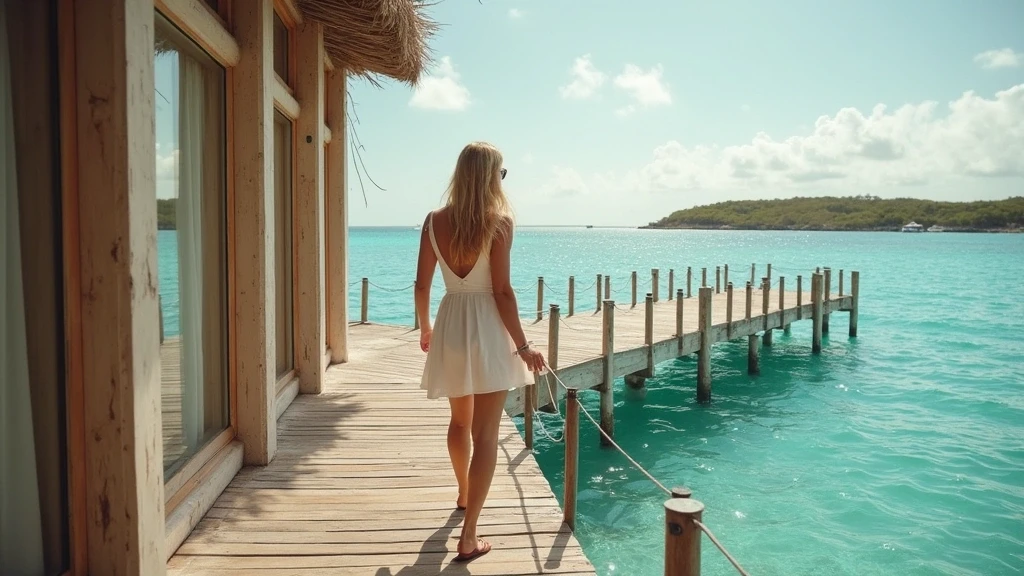 Stylische Reisende beruehrt den hölzernen Steg von Parrot Cay im tuerkisfarbenen Wasser