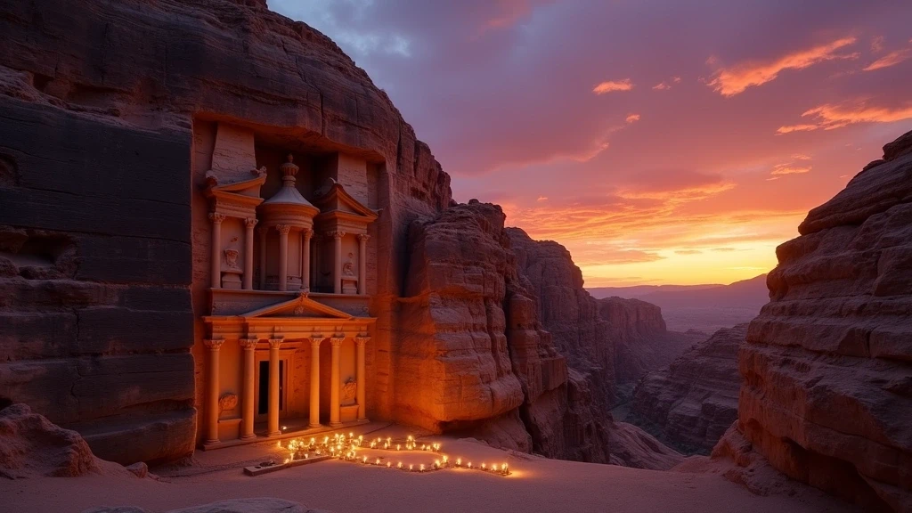 Sonnenuntergang am Kloster von Petra, Jordanien mit dramatischem Himmel und cineastischem Licht