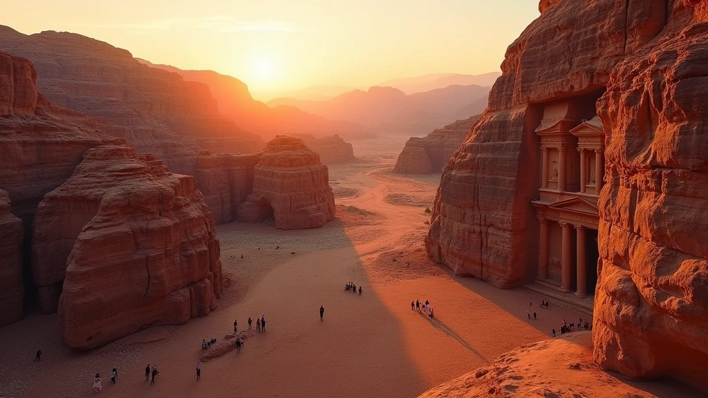 Panoramablick auf die antike Stadt Petra, Jordanien zur goldenen Stunde mit dem Siq-Eingang