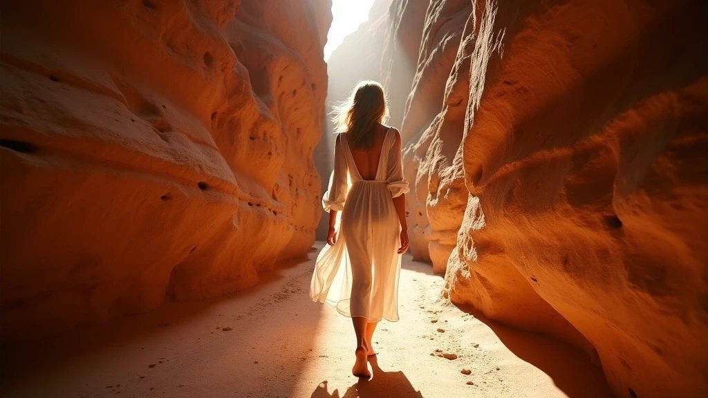 Elegante Reisende im Siq von Petra, Jordanien zur goldenen Stunde mit fliessendem Kleid