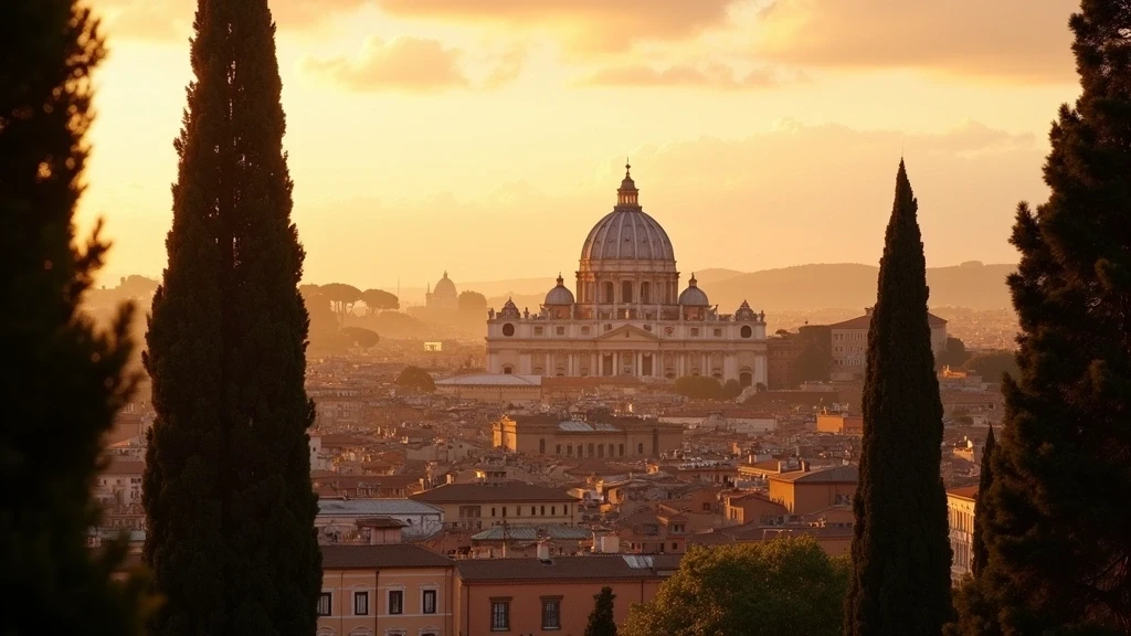 Panoramablick von Gianicolo Huegel auf Rom zur goldenen Stunde, Terrakotta-Daecher im Abendlicht