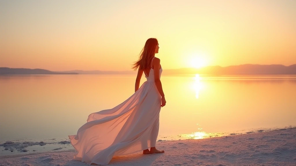 Elegante Frau am Großen Salzsee bei Sonnenuntergang, barfuß Luxus Ästhetik