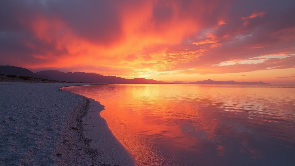 Sonnenuntergang über dem Großen Salzsee in Salt Lake City mit Antelope Island im Hintergrund
