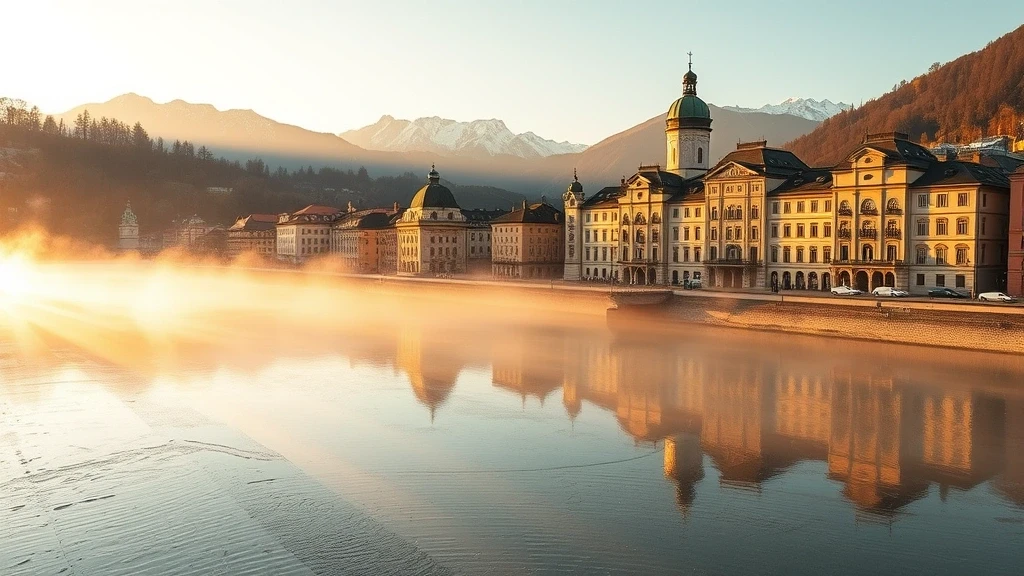 Goldene Stunde am Salzach Fluss in Salzburg mit Spiegelung der Altstadt und Alpen