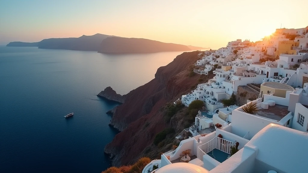 Luftaufnahme der Caldera von Santorini mit weißen Dörfern und tiefblauem Meer zur goldenen Stunde