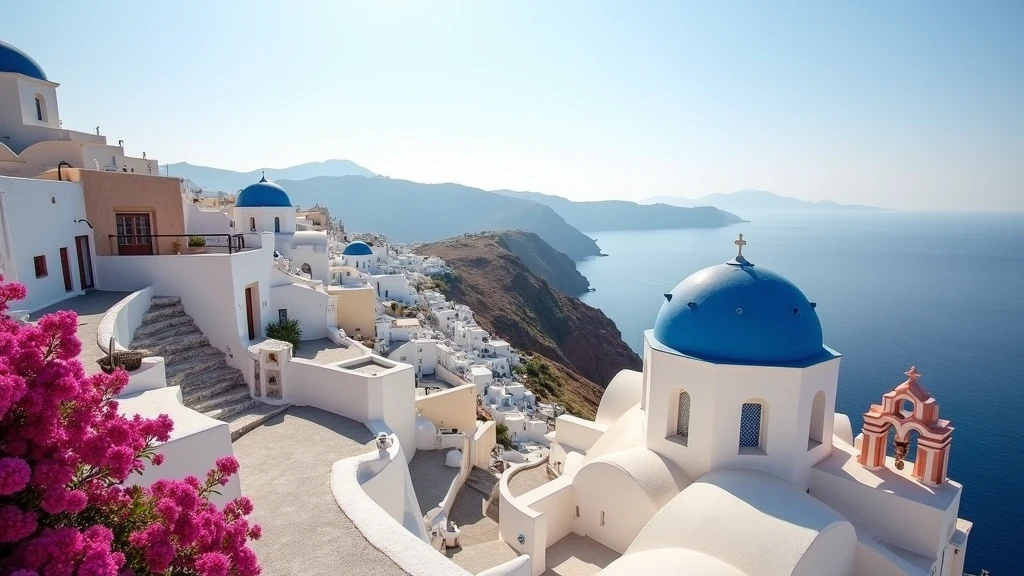 Panoramablick auf das Dorf Oia in Santorini mit weißen Häusern und blauen Kuppeln