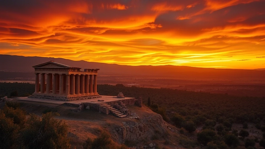 Sonnenuntergang über dem Tal der Tempel in Agrigento auf Sizilien mit antiken griechischen Tempeln