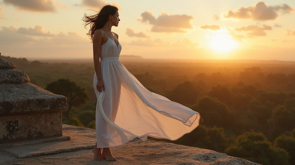 Elegante Frau am traditionellen Steingrab in Sumba zur goldenen Stunde, Indonesien