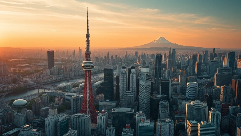 Luftaufnahme von Tokio mit Tokyo Skytree und Skyline zur goldenen Stunde