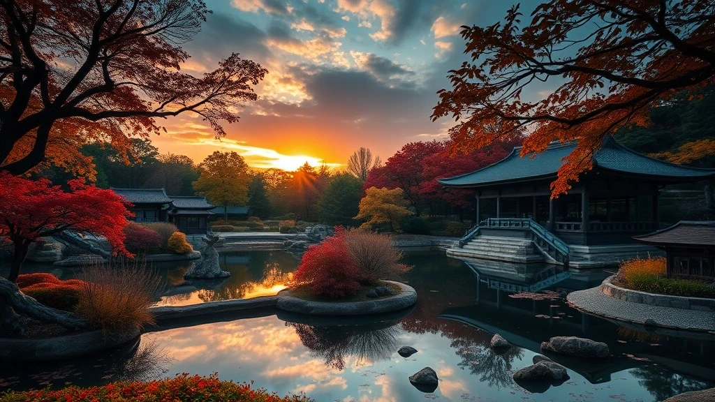 Sonnenuntergang im Shinjuku Gyoen Nationalgarten mit Herbstlaub in Tokio