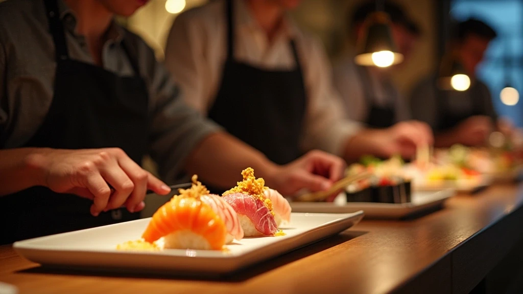 Stylisher Reisender geniesst Sushi am Omakase-Tresen in Ginza, Tokio, Japan