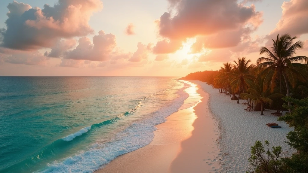 Panoramablick auf Playa Paraiso in Tulum zur goldenen Stunde mit weissem Sandstrand und Palmen