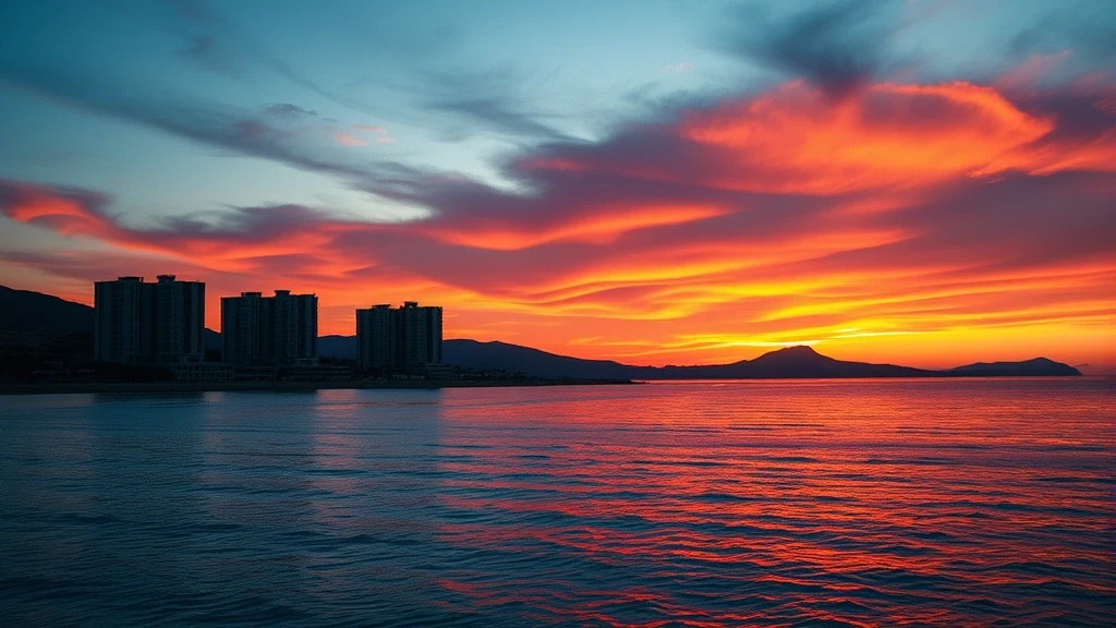 Sonnenuntergang ueber dem Mittelmeer in Varosha, Zypern mit Silhouetten verlassener Hotels