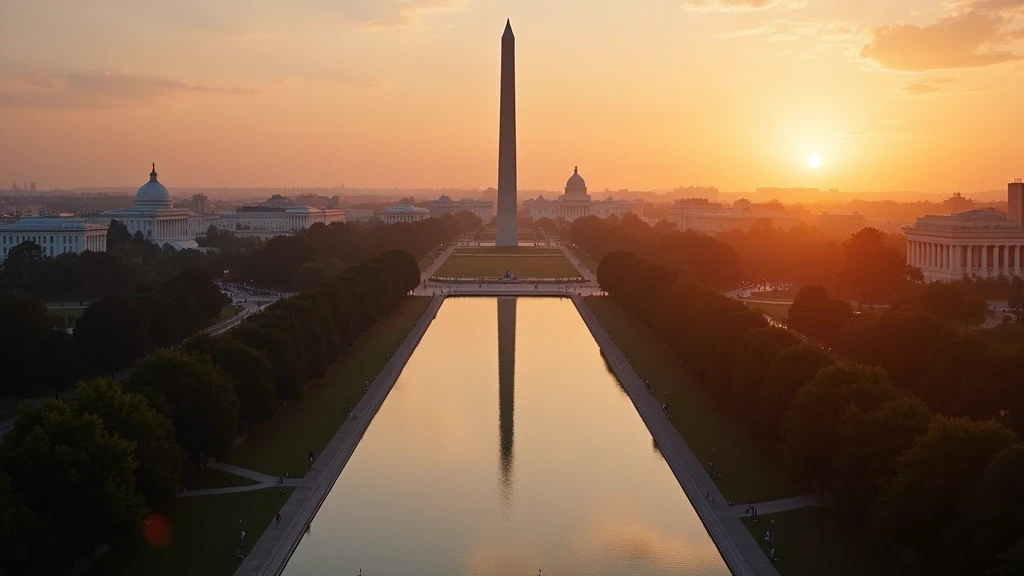 Luftaufnahme des National Mall in Washington D.C. zur goldenen Stunde mit Washington Monument und Kapitol