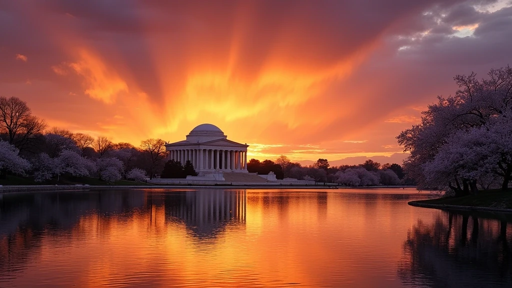 Sonnenuntergang ueber dem Potomac River in Georgetown, Washington D.C. mit Key Bridge Silhouette