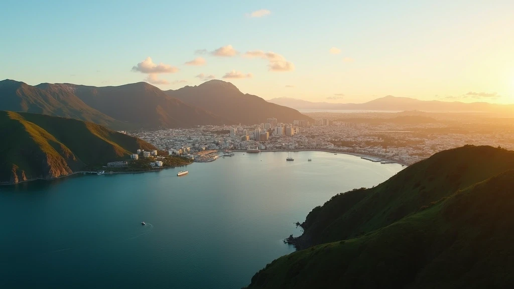Dramatische Luftaufnahme von Wellington, Neuseeland mit Hafen, gruenen Huegeln und Skyline zur goldenen Stunde