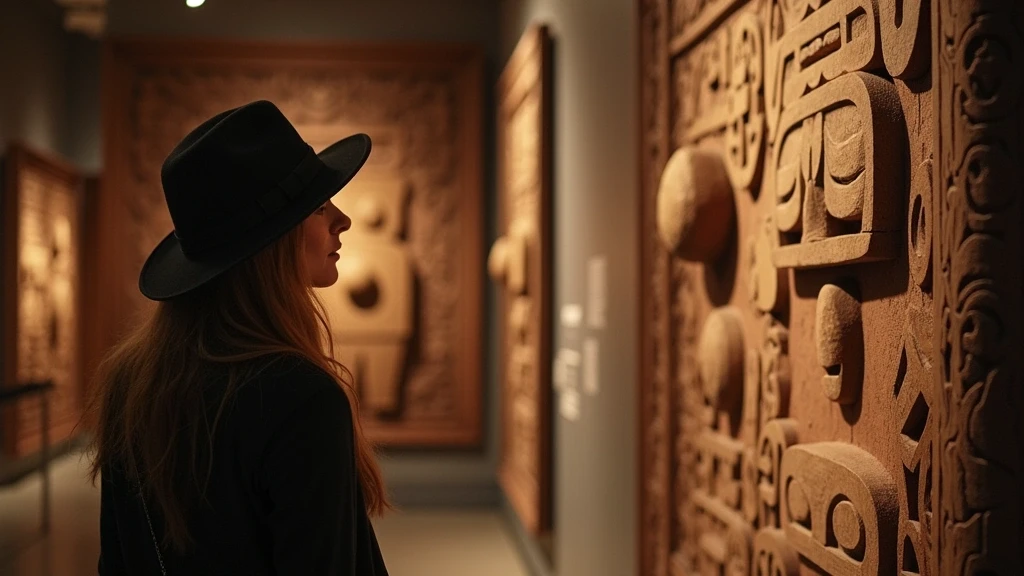 Reisende betrachtet Holzschnitzereien im Te Papa Museum in Wellington, Neuseeland