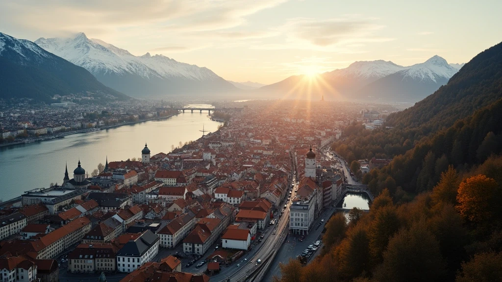 Luftaufnahme von Zürich mit Limmatfluss, Altstadt und Alpen zur goldenen Stunde